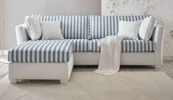 Sofa Set "Hooge" In Creme Und Blau Landhaus Wohnzimmer Couch 3-Sitzer Inklusive Hocker