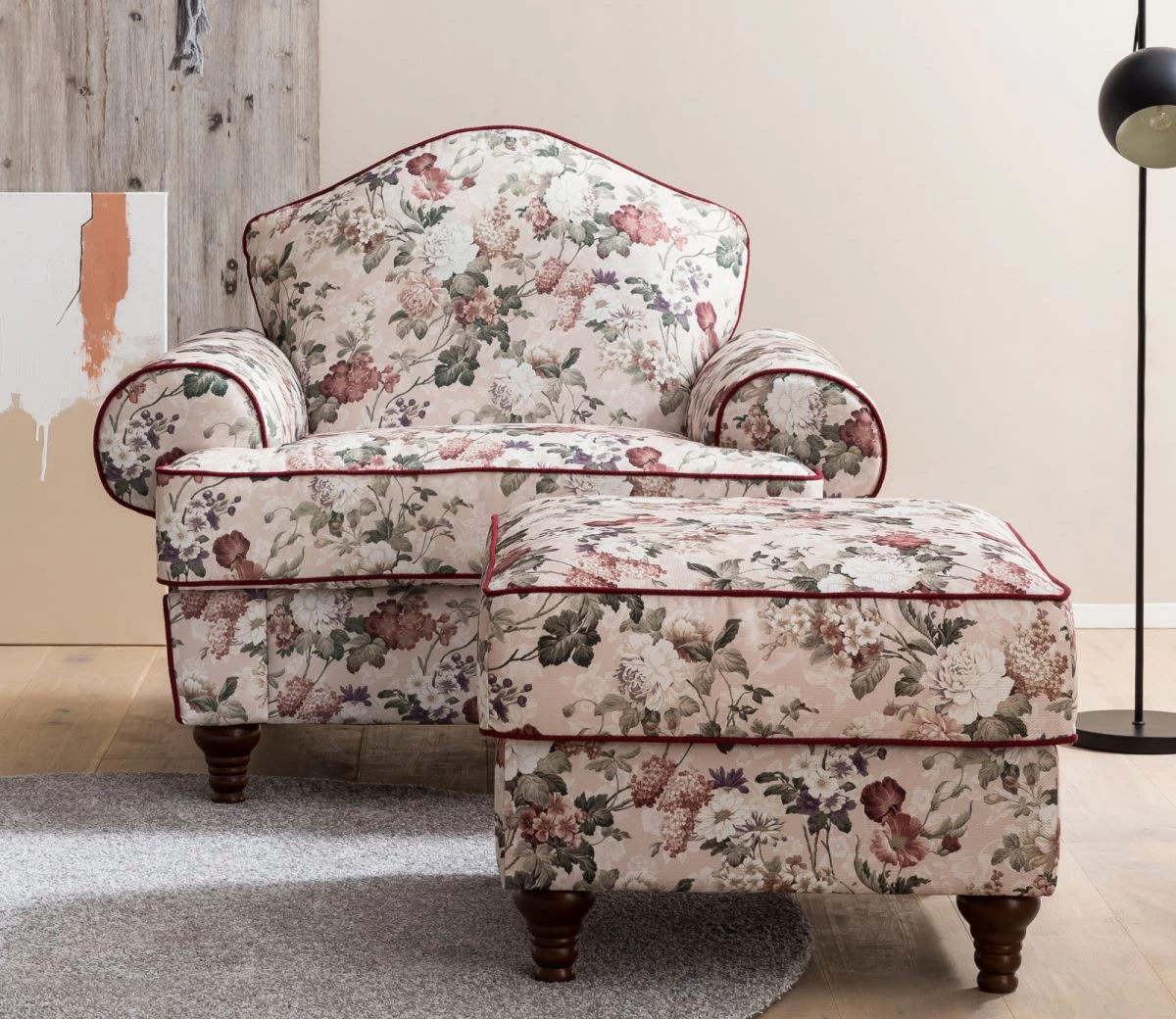 Sessel Set "Elita" In Creme Landhaus Blumen Design Loungesessel Inklusive Hocker 3 Sessel Set "Elita" In Creme Landhaus Blumen Design Loungesessel Inklusive Hocker