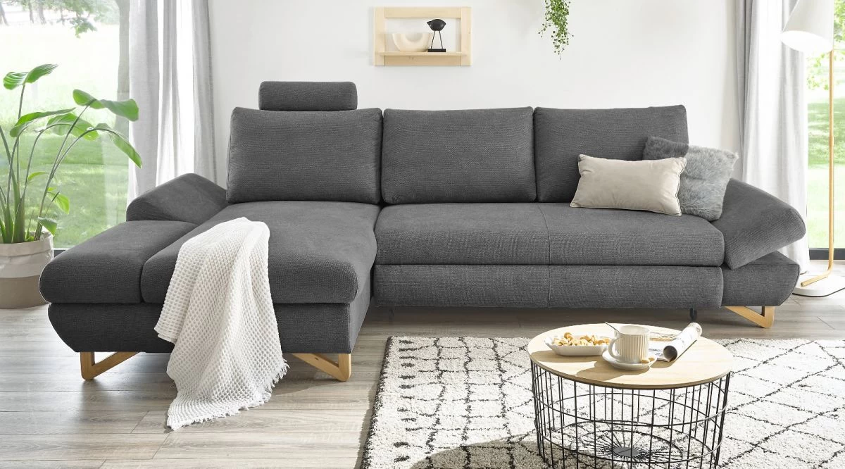 Ecksofa "Skalm" In Grau Struktur-Stoff Sofa Mit Bettfunktion Und Stauraum 284 Cm 3 Ecksofa "Skalm" In Grau Struktur-Stoff Sofa Mit Bettfunktion Und Stauraum 284 Cm