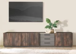 TV-Lowboard "Piano" In Thermo Eiche Und Grau XXL TV Unterteil Mit Soft-Close 240 X 50 Cm