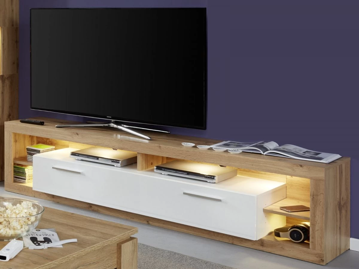 TV-Lowboard Rock In Weiß Hochglanz Und Wotan Eiche Fernsehtisch Breite 200 Cm 3 TV-Lowboard Rock In Weiß Hochglanz Und Wotan Eiche Fernsehtisch Breite 200 Cm