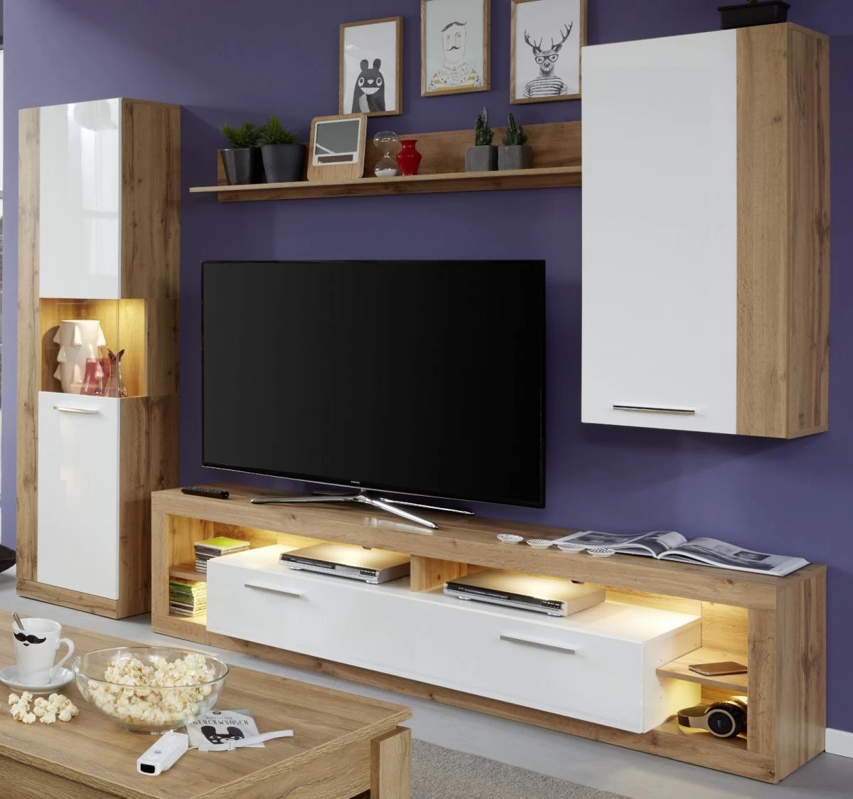 TV-Lowboard Rock In Weiß Hochglanz Und Wotan Eiche Fernsehtisch Breite 200 Cm 4 TV-Lowboard Rock In Weiß Hochglanz Und Wotan Eiche Fernsehtisch Breite 200 Cm – Bild 2