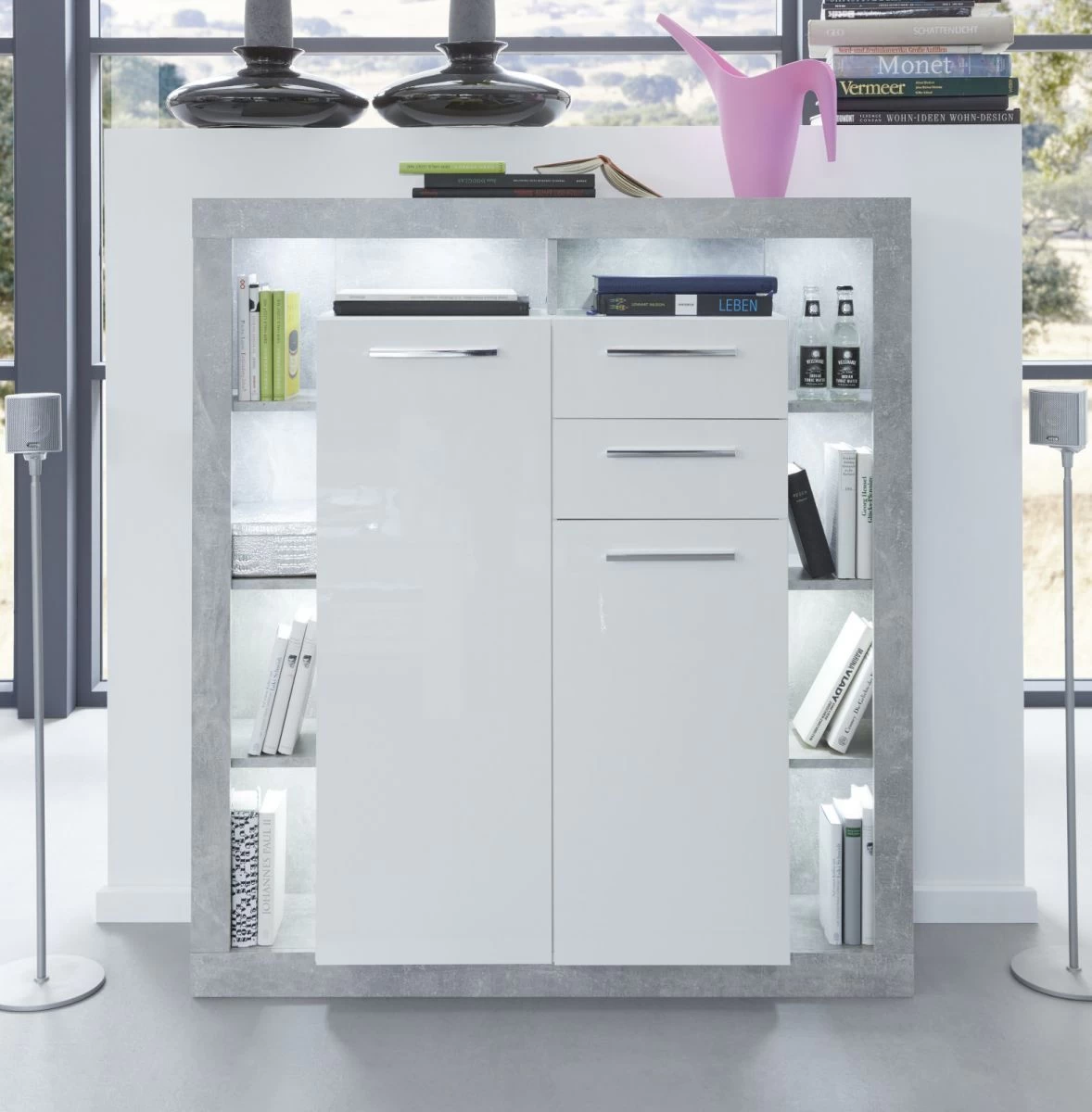 Kommode Rock In Weiß Hochglanz Und Stone Design Grau Highboard 121 X 128 Cm 3 Kommode Rock In Weiß Hochglanz Und Stone Design Grau Highboard 121 X 128 Cm