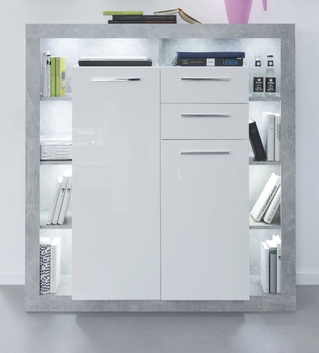 Kommode Rock In Weiß Hochglanz Und Stone Design Grau Highboard 121 X 128 Cm 5 Kommode Rock In Weiß Hochglanz Und Stone Design Grau Highboard 121 X 128 Cm – Bild 3