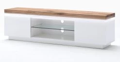 TV-Lowboard Romina In Matt Weiß Echt Lack Mit Eiche Massiv Fernsehtisch Inkl. Dimmbarer LED Beleuchtung 175 X 49 Cm