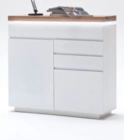 Kommode Romina In Matt Weiß Echt Lack Mit Eiche Massiv Anrichte Inkl. Dimmbarer LED Beleuchtung 120 X 114 Cm