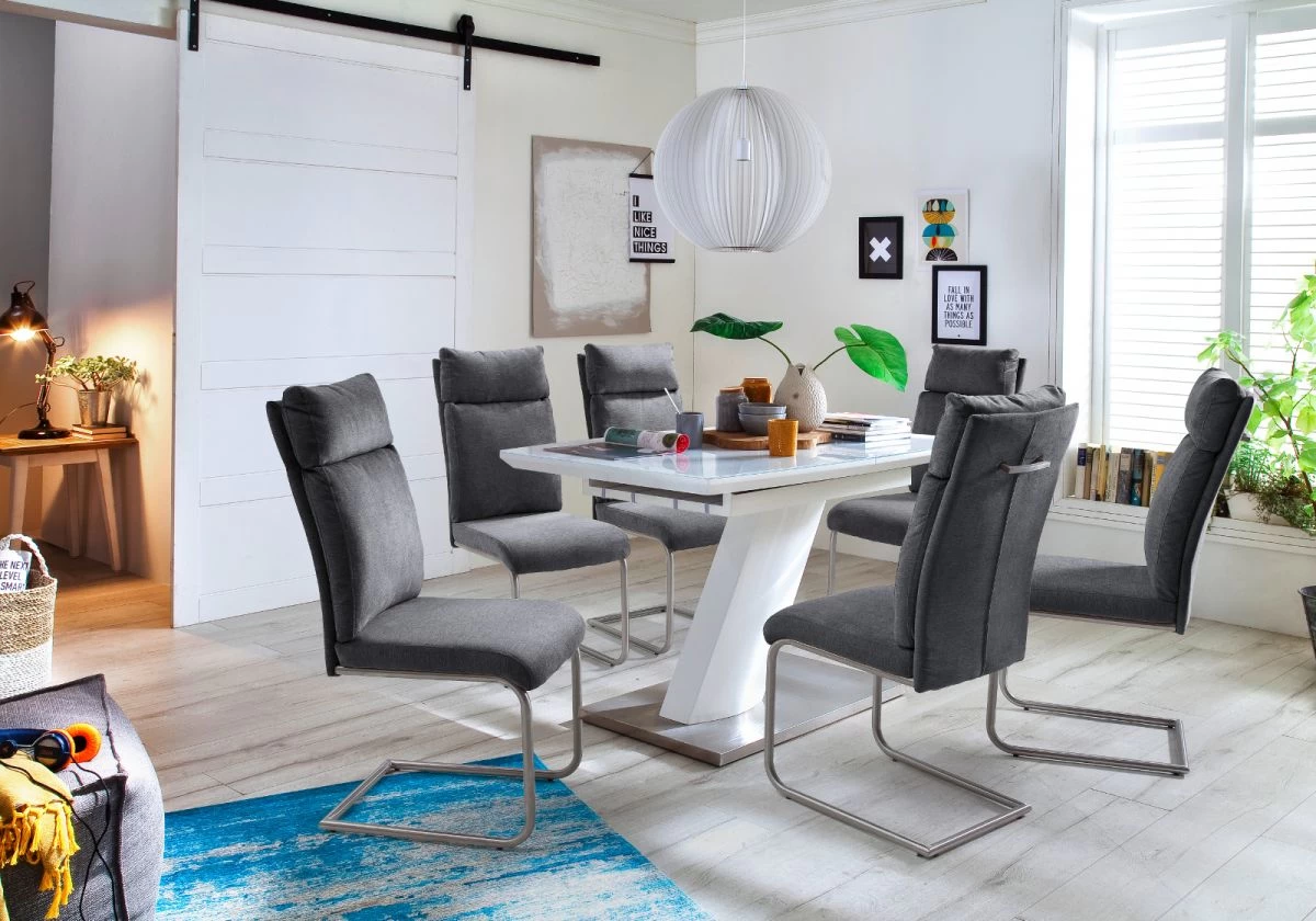 2 X Stuhl Pia In Sand Chenille-Optik Und Edelstahl Freischwinger Mit Griff Hinten Esszimmerstuhl 2er Set 7 2 X Stuhl Pia In Sand Chenille-Optik Und Edelstahl Freischwinger Mit Griff Hinten Esszimmerstuhl 2er Set – Bild 5