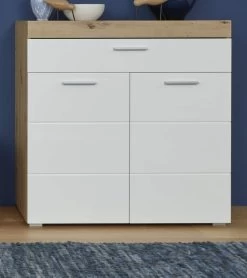 Flur Kommode "Amanda" Weiß Hochglanz Und Eiche 91 X 97 Cm