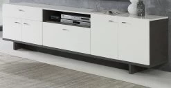 TV-Lowboard Makaria In Hochglanz Weiß Und Betonoptik Dunkelgrau TV-Unterteil 209 X 58 Cm Fernsehtisch