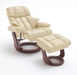 Relaxsessel Calgary XXL In Creme Leder Und Walnuss Mit Hocker Funktionssessel Bis 180 Kg Schlafsessel Fernsehsessel