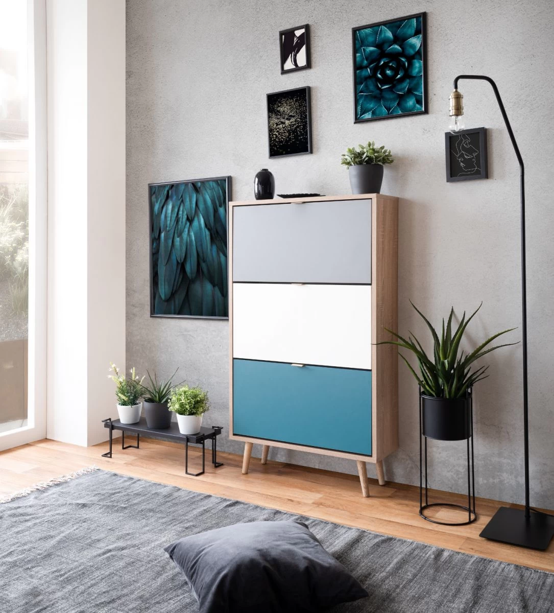 Schuhschrank Cuba In Sonoma Eiche Hell Mit Petrol, Weiß Und Grau Skandinavischer Schuhkipper Tricolor 70 X 125 Cm 6 Schuhschrank Cuba In Sonoma Eiche Hell Mit Petrol, Weiß Und Grau Skandinavischer Schuhkipper Tricolor 70 X 125 Cm – Bild 4