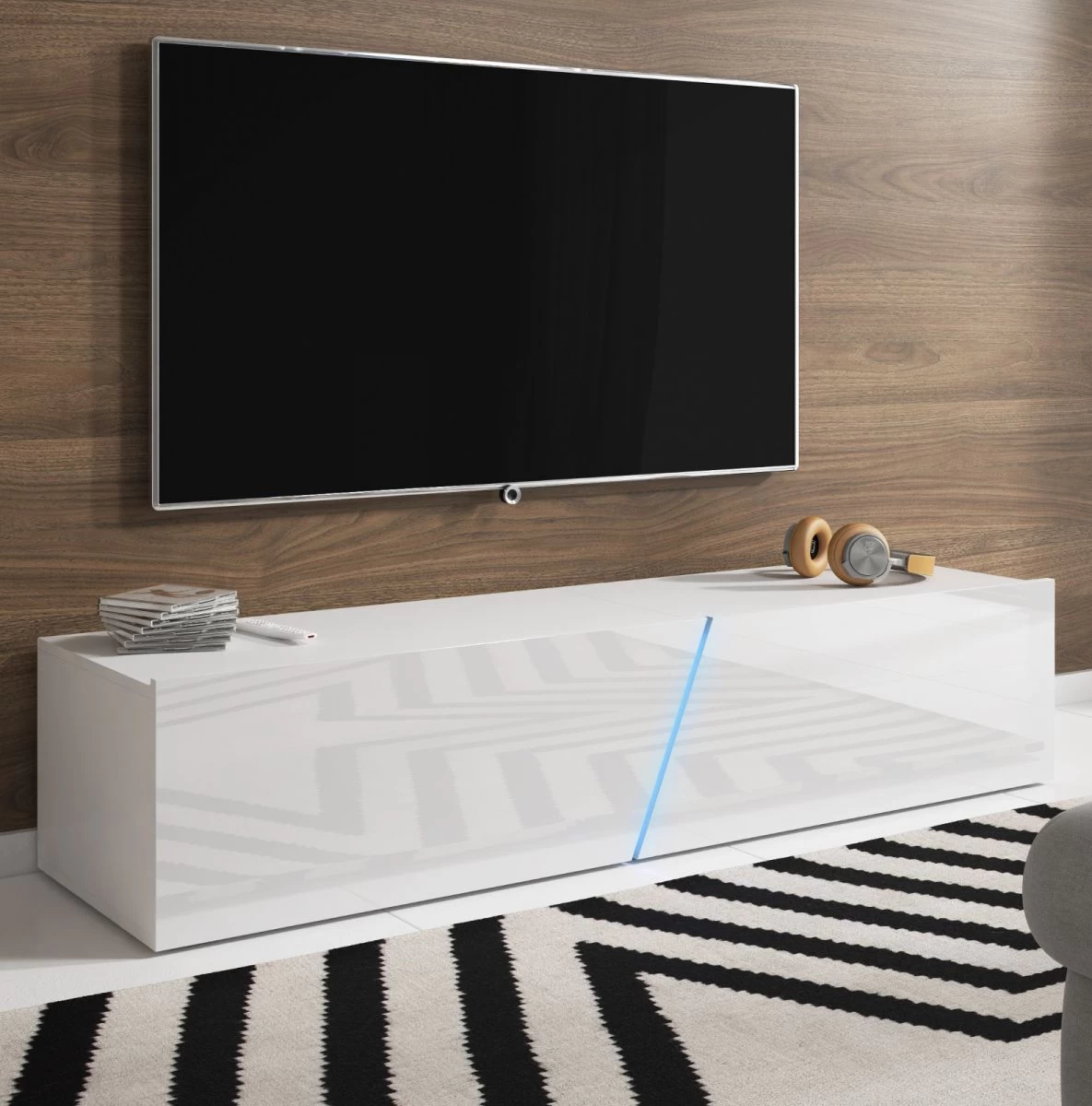 TV Lowboard "Space" In Weiß Hochglanz Lack TV Unterteil Hängend / Stehend 160 Cm Mit LED 3 TV Lowboard "Space" In Weiß Hochglanz Lack TV Unterteil Hängend / Stehend 160 Cm Mit LED