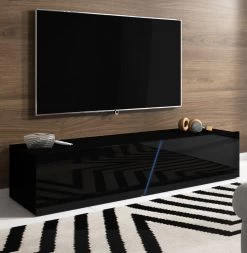 TV Lowboard "Space" In Schwarz Hochglanz Lack TV Unterteil Hängend / Stehend 160 Cm Mit LED