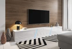 TV Lowboard "Space" In Weiß Hochglanz Lack TV Unterteil Hängend / Stehend XXL-Board 240 Cm Mit LED -Wohnwelt Verkauf 5837 5