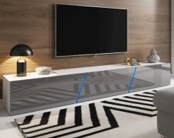 TV Lowboard "Space" In Grau Hochglanz Lack TV Unterteil Hängend / Stehend XXL-Board 240 Cm Mit LED