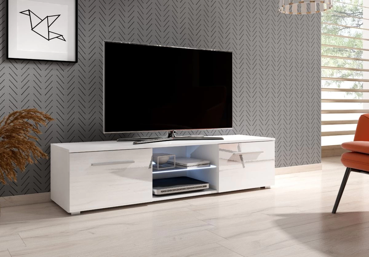 TV Lowboard "Earth" In Weiß Hochglanz Mit LED Beleuchtung 140 X 36 Cm 3 TV Lowboard "Earth" In Weiß Hochglanz Mit LED Beleuchtung 140 X 36 Cm