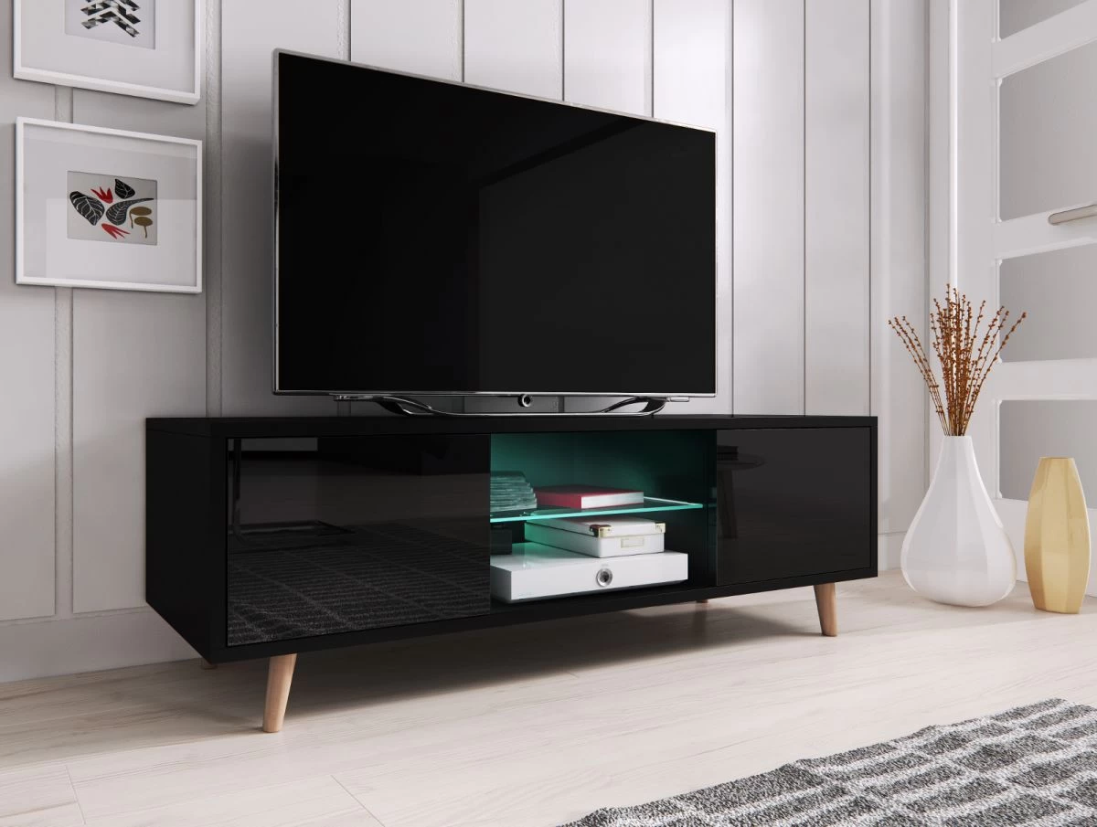 TV-Lowboard "Norway-1" In Schwarz Hochglanz - Fernsehtisch Skandinavisch 140 X 45 Cm 3 TV-Lowboard "Norway-1" In Schwarz Hochglanz - Fernsehtisch Skandinavisch 140 X 45 Cm