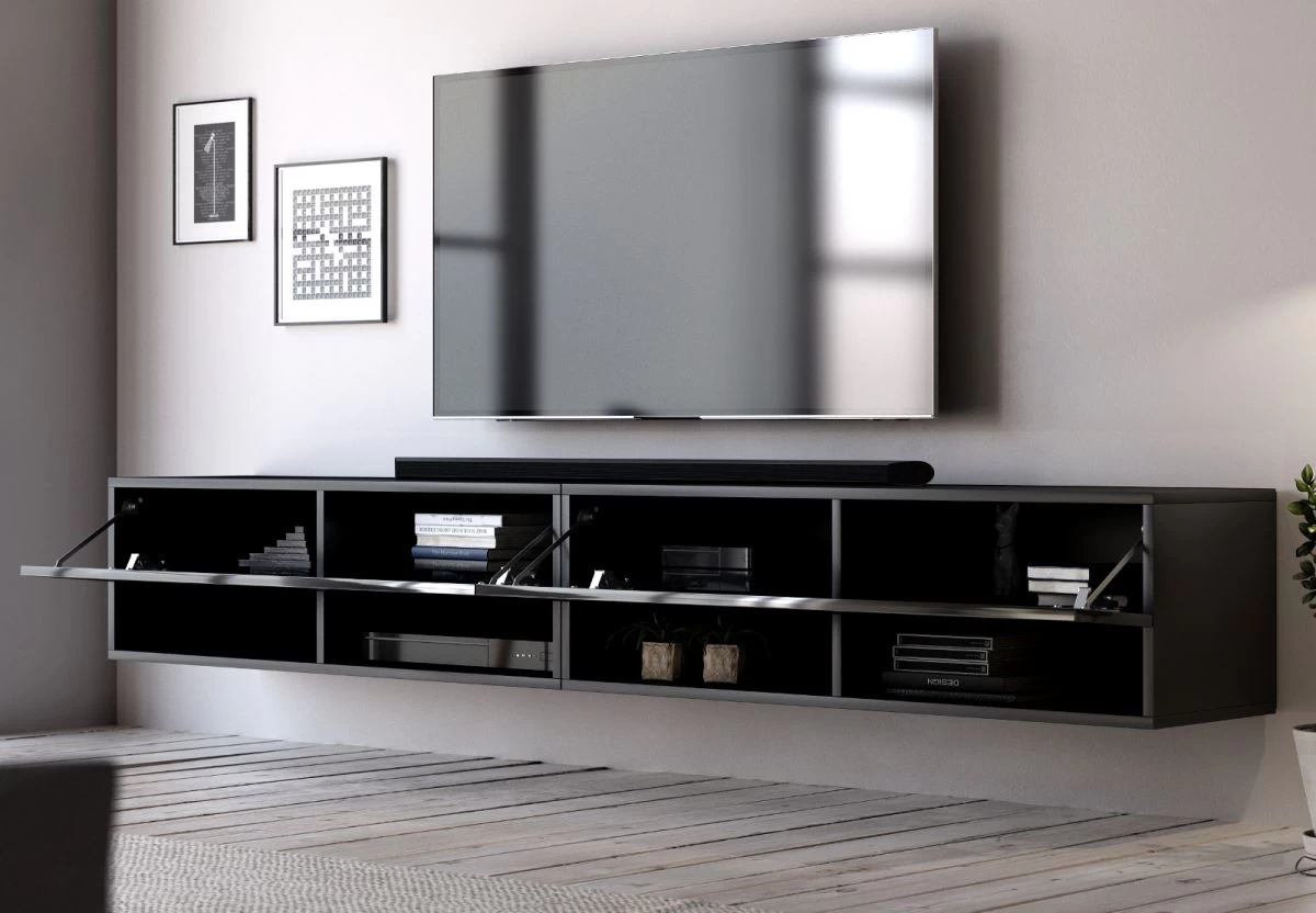 TV Lowboard "Epsom" In Schwarz Hochglanz XL TV Unterteil Hängend 200 X 30 Cm 7 TV Lowboard "Epsom" In Schwarz Hochglanz XL TV Unterteil Hängend 200 X 30 Cm – Bild 5