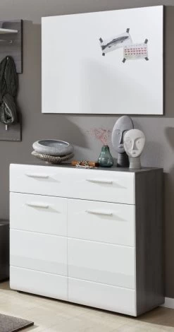 Schuhkommode "Line" In Hochglanz Weiß Und Sardegna Grau Rauchsilber Schuhschrank 80 X 87 Cm Flur Kommode -Wohnwelt Verkauf 6757 3