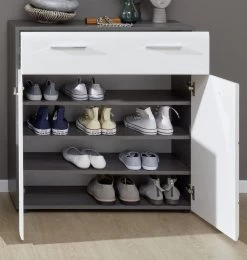 Schuhkommode "Line" In Hochglanz Weiß Und Sardegna Grau Rauchsilber Schuhschrank 80 X 87 Cm Flur Kommode -Wohnwelt Verkauf 6757 5