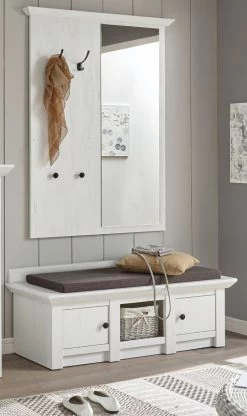 Garderobenpaneel "Hooge" In Pinie Weiß Landhaus Wandgarderobe Mit Spiegel 105 X 140 Cm