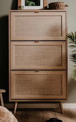 Schuhschrank "Bali" In Sonoma Eiche Mit Bast - Dekor Schuhkipper Skandinavisch 70 X 125 Cm