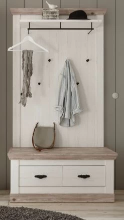 Garderobenpaneel "Rovola" In Pinie Weiß / Oslo Pinie Landhaus Wandgarderobe 107 X 153 Cm -Wohnwelt Verkauf 7040 4