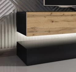 TV Lowboard "Bird" In Schwarz Und Eiche 2-teilig 140 X 45 Cm Hängend Mit LED