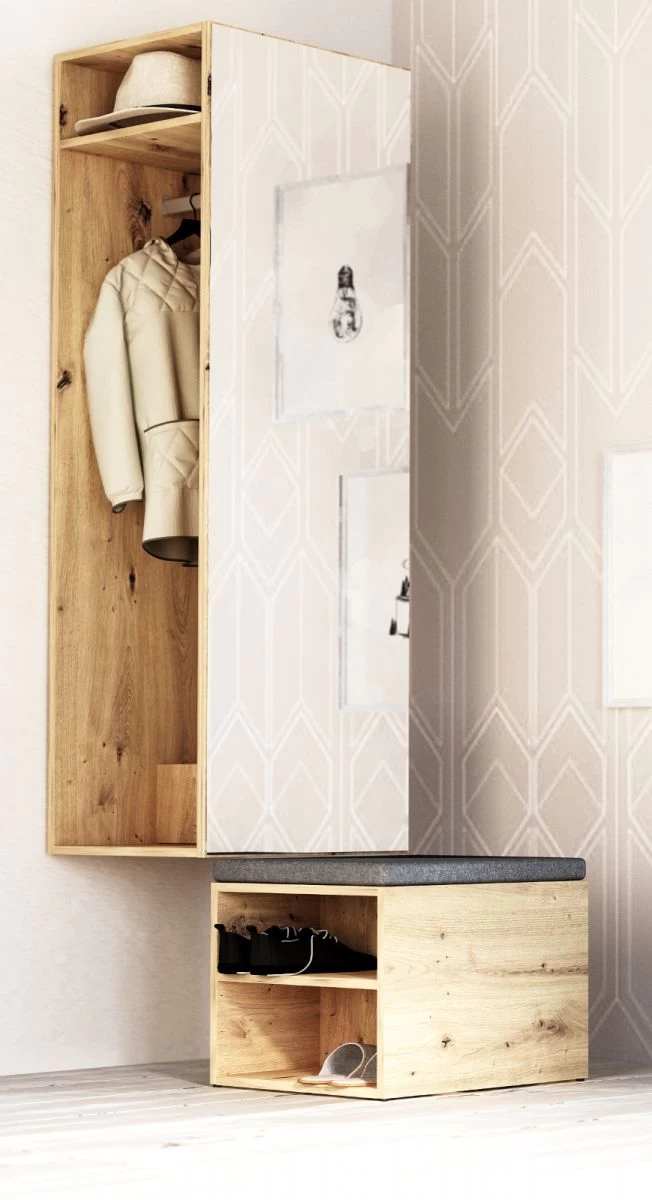 Garderobe "Brighty" In Artisan Eiche Set 2-tlg. Mit Spiegel Und Sitzhocker Gepolstert 50 X 190 Cm 3 Garderobe "Brighty" In Artisan Eiche Set 2-tlg. Mit Spiegel Und Sitzhocker Gepolstert 50 X 190 Cm