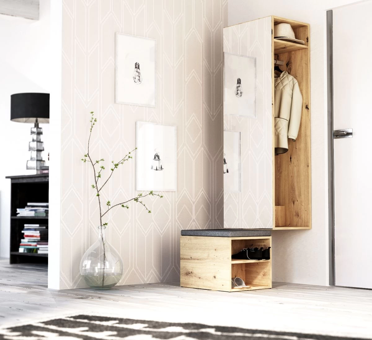 Garderobe "Brighty" In Artisan Eiche Set 2-tlg. Mit Spiegel Und Sitzhocker Gepolstert 50 X 190 Cm 4 Garderobe "Brighty" In Artisan Eiche Set 2-tlg. Mit Spiegel Und Sitzhocker Gepolstert 50 X 190 Cm – Bild 2