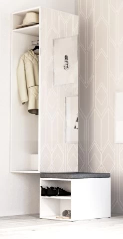 Garderobe "Brighty" In Weiß Set 2-tlg. Mit Spiegel Und Sitzhocker Gepolstert 50 X 190 Cm
