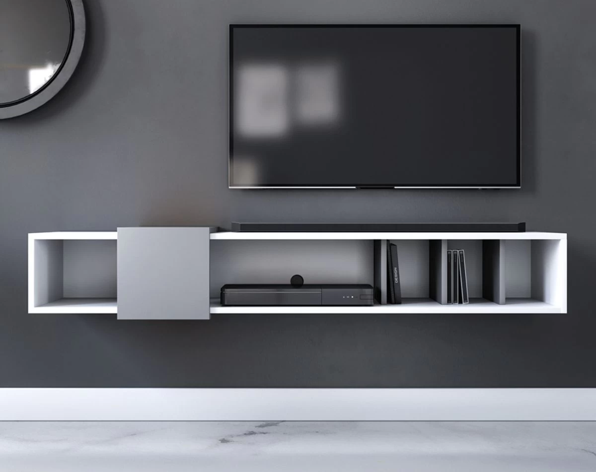 TV-Lowboard "Design-T" In Weiß Und Grau TV-Unterteil Hängend 150 X 25 Cm 3 TV-Lowboard "Design-T" In Weiß Und Grau TV-Unterteil Hängend 150 X 25 Cm