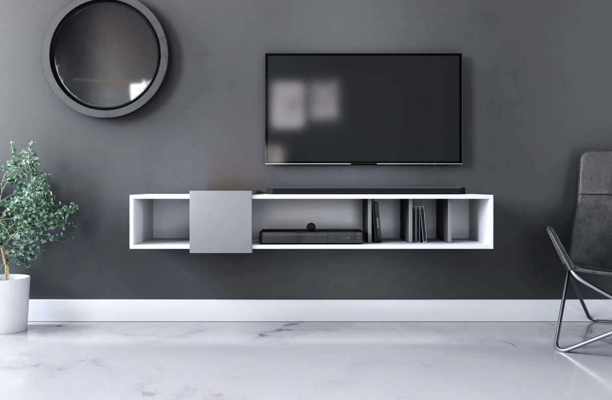 TV-Lowboard "Design-T" In Weiß Und Grau TV-Unterteil Hängend 150 X 25 Cm 6 TV-Lowboard "Design-T" In Weiß Und Grau TV-Unterteil Hängend 150 X 25 Cm – Bild 4