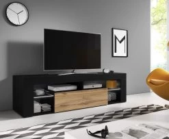 TV-Lowboard "Mount" In Schwarz Und Wotan Eiche Mit LED 140 X 51 Cm