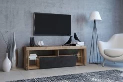 TV-Lowboard "Mount" In Used Wood Hell Und Matera Grau Mit Beleuchtung 140 X 51 Cm