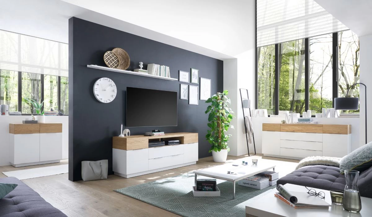 TV-Lowboard "Dubai" In Weiß Matt Lackiert Und Eiche Massiv TV Board 182 X 46 Cm 7 TV-Lowboard "Dubai" In Weiß Matt Lackiert Und Eiche Massiv TV Board 182 X 46 Cm – Bild 5