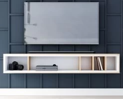 TV-Lowboard "Amari" In Eiche Gold Und Weiß TV-Unterteil Hängend 153 X 25 Cm