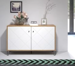 Kommode "Touch" In Weiß Matt Mit Rautenoptik Und Eiche Artisan Sideboard 123 Cm -Wohnwelt Verkauf 7748 5