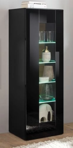Vitrine "Savanna" In Schwarz Hochglanz Und Grandson Eiche Vitrinenschrank Hängend / Stehend 45 X 131 Cm