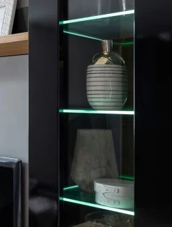 Vitrine "Savanna" In Schwarz Hochglanz Und Grandson Eiche Vitrinenschrank Hängend / Stehend 45 X 131 Cm -Wohnwelt Verkauf 7790 3