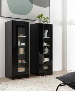 Vitrine "Savanna" In Schwarz Hochglanz Und Grandson Eiche Vitrinenschrank Hängend / Stehend 45 X 131 Cm -Wohnwelt Verkauf 7790 4