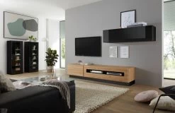 Vitrine "Savanna" In Schwarz Hochglanz Und Grandson Eiche Vitrinenschrank Hängend / Stehend 45 X 131 Cm -Wohnwelt Verkauf 7790 6