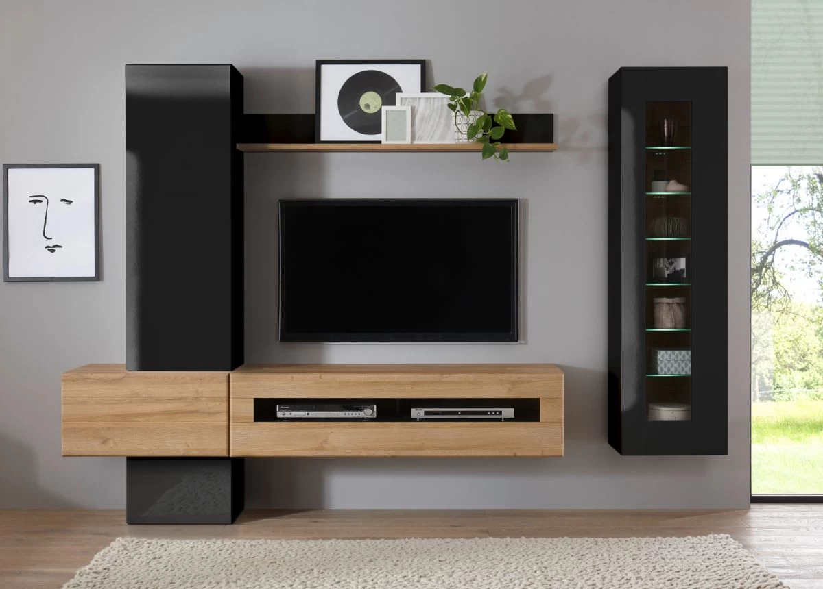 Vitrine "Savanna" In Schwarz Hochglanz Und Grandson Eiche Vitrinenschrank Hängend / Stehend 45 X 166 Cm 6 Vitrine "Savanna" In Schwarz Hochglanz Und Grandson Eiche Vitrinenschrank Hängend / Stehend 45 X 166 Cm – Bild 4