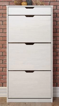 Schuhschrank "Mestre" In Massivholz Kiefer Weiß Lackiert Schuhkipper 60 X 124 Cm