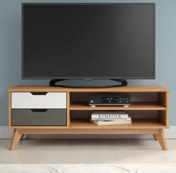 TV-Lowboard "Scandik" In Massivholz Kiefer Honigfarben Lackiert Mit Weiß Und Grau TV Unterteil 110 X 42 Cm