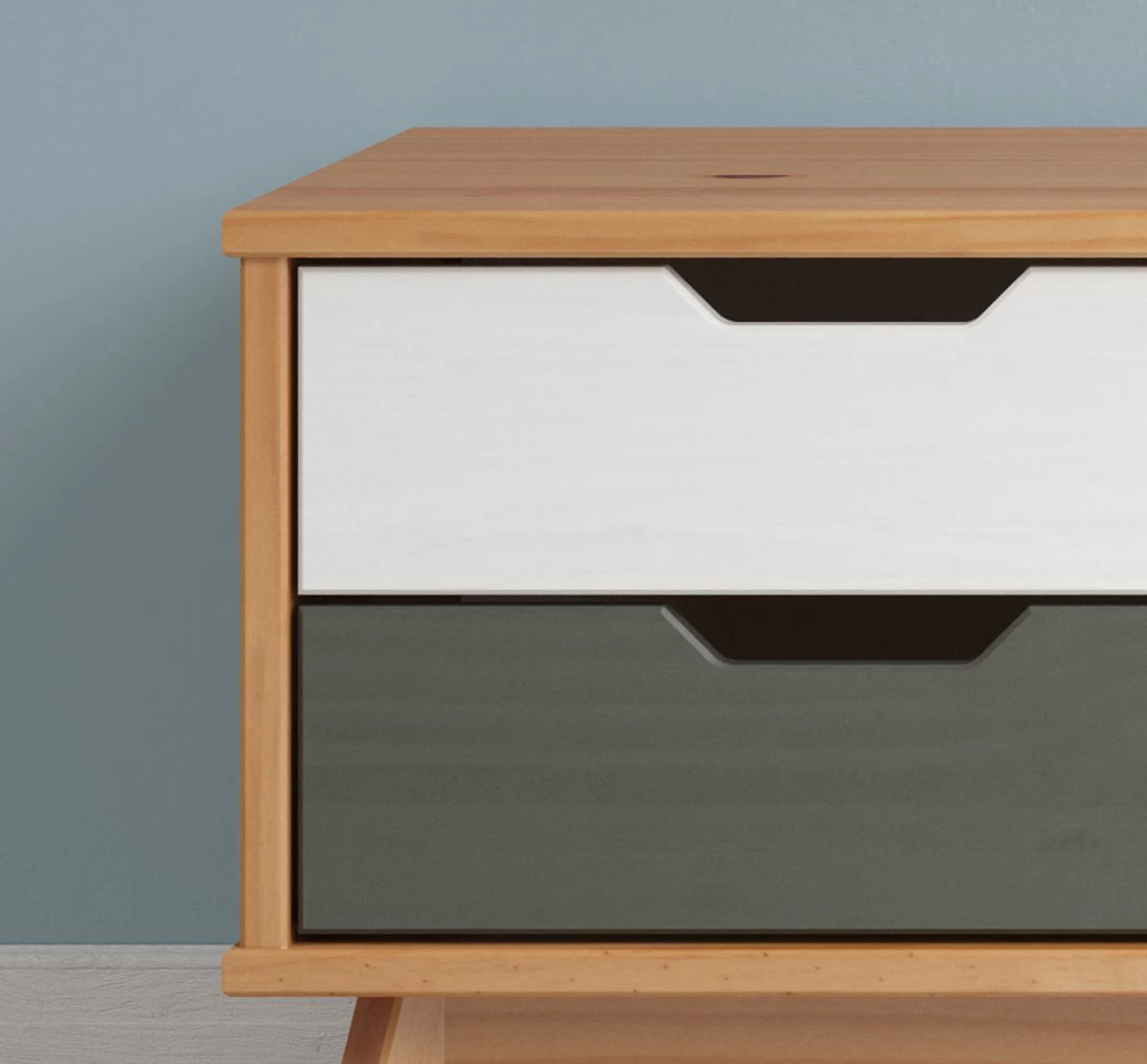 TV-Lowboard "Scandik" In Massivholz Kiefer Honigfarben Lackiert Mit Weiß Und Grau TV Unterteil 110 X 42 Cm 4 TV-Lowboard "Scandik" In Massivholz Kiefer Honigfarben Lackiert Mit Weiß Und Grau TV Unterteil 110 X 42 Cm – Bild 2