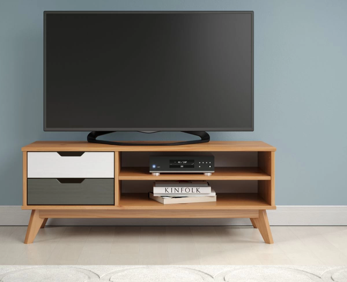 TV-Lowboard "Scandik" In Massivholz Kiefer Honigfarben Lackiert Mit Weiß Und Grau TV Unterteil 110 X 42 Cm 7 TV-Lowboard "Scandik" In Massivholz Kiefer Honigfarben Lackiert Mit Weiß Und Grau TV Unterteil 110 X 42 Cm – Bild 5