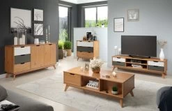 TV-Lowboard "Scandik" In Massivholz Kiefer Honigfarben Lackiert Mit Weiß Und Grau TV Unterteil 110 X 42 Cm 14 TV-Lowboard "Scandik" In Massivholz Kiefer Honigfarben Lackiert Mit Weiß Und Grau TV Unterteil 110 X 42 Cm -Wohnwelt Verkauf 7965 6