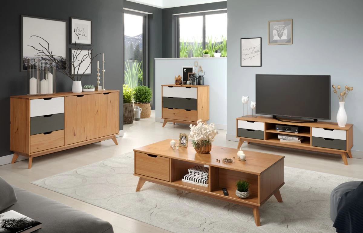 TV-Lowboard "Scandik" In Massivholz Kiefer Honigfarben Lackiert Mit Weiß Und Grau TV Unterteil 110 X 42 Cm 8 TV-Lowboard "Scandik" In Massivholz Kiefer Honigfarben Lackiert Mit Weiß Und Grau TV Unterteil 110 X 42 Cm – Bild 6