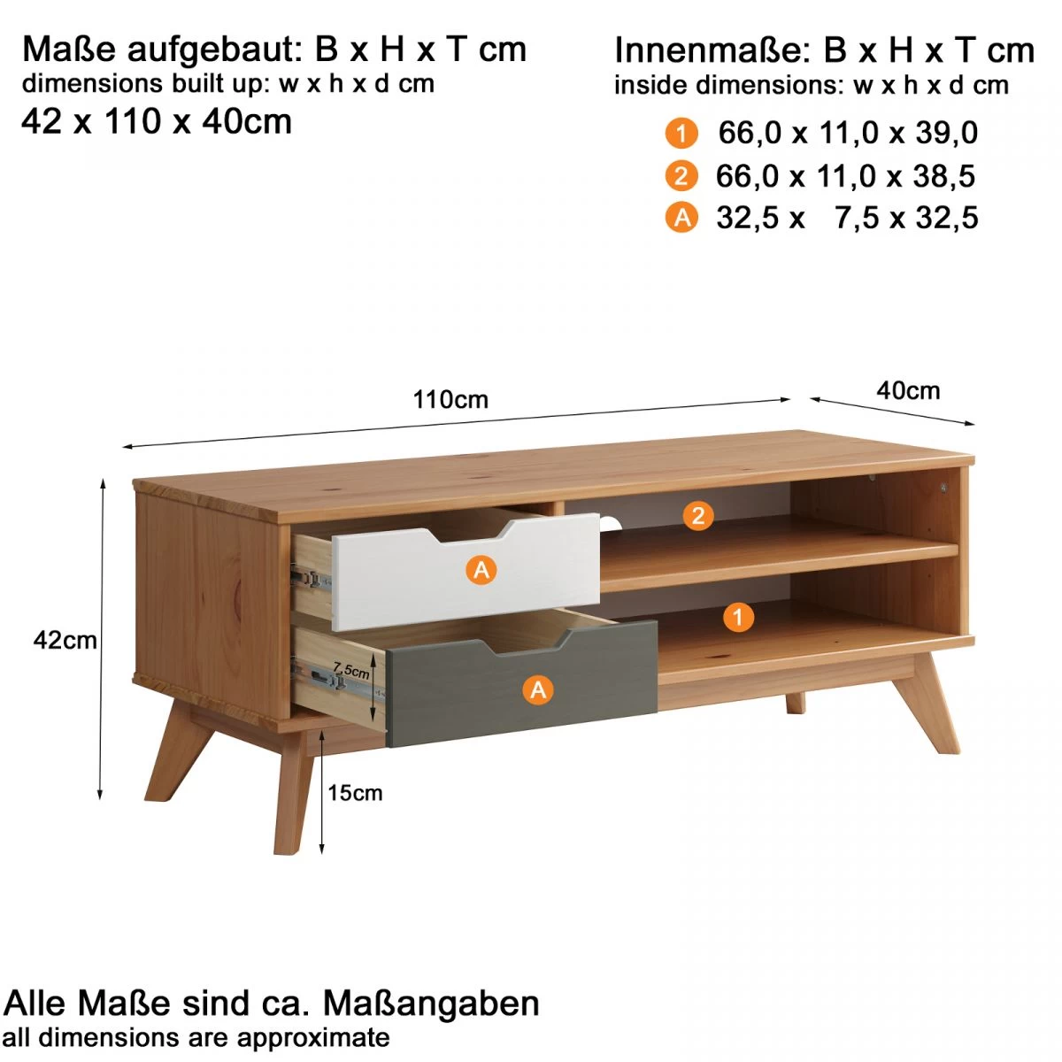 TV-Lowboard "Scandik" In Massivholz Kiefer Honigfarben Lackiert Mit Weiß Und Grau TV Unterteil 110 X 42 Cm 9 TV-Lowboard "Scandik" In Massivholz Kiefer Honigfarben Lackiert Mit Weiß Und Grau TV Unterteil 110 X 42 Cm – Bild 7